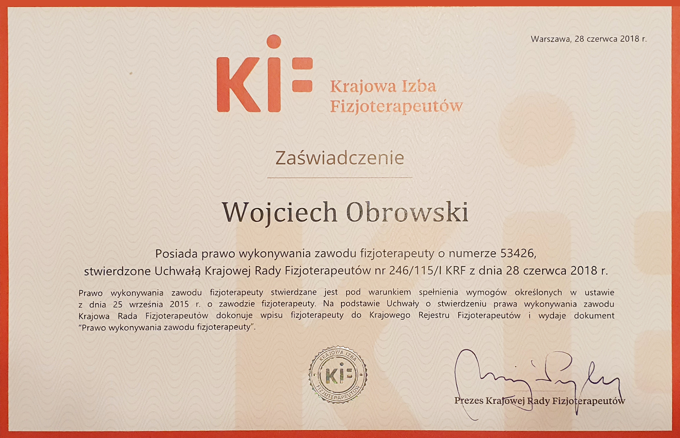 Wojciech Obrowski zaswiadczenie KIF